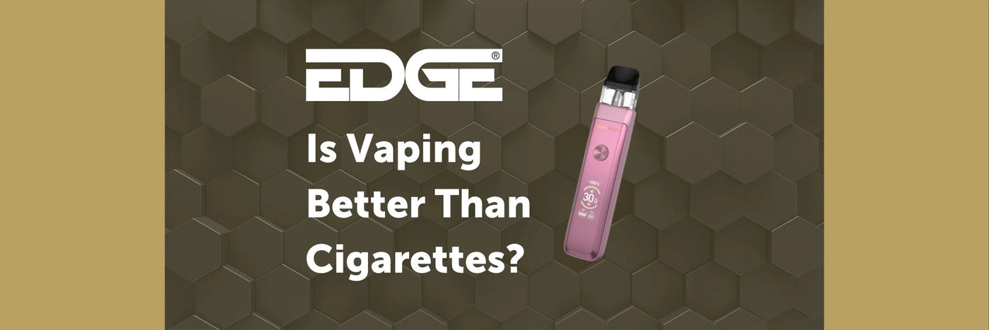 Pink vaping device with 'EDGE' branding on a hexagonal patterned background.