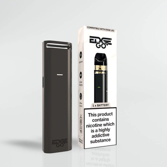 Black vaping device with packaging labeled 'EDGE GO+' on a light gray background