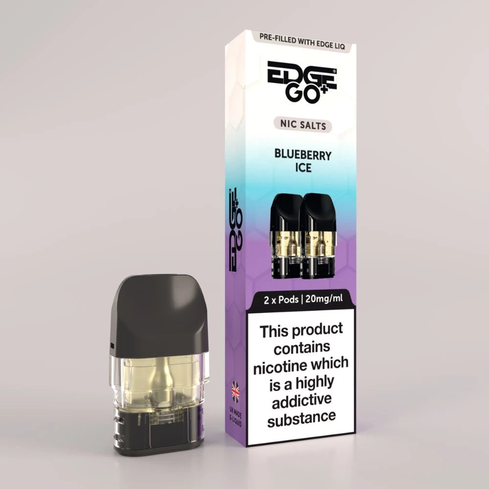 EDGE Go Plus pod with Pod outer packaging for the blueberry ice pods EDGE Vaping