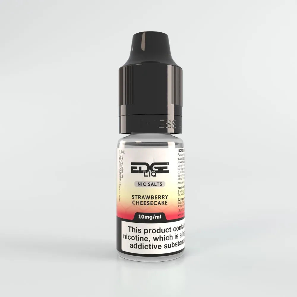 Bottle of Edge Liq Strawberry Cheesecake flavor nicotine salt on a light gray background
