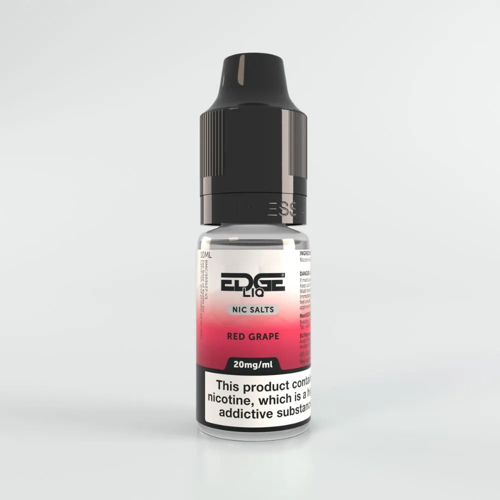 Bottle of Edge Liq Red Grape e-liquid on a light gray background 20mg