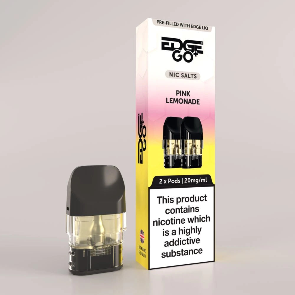 EDGE Go Plus pod with Pod outer packaging for the pink lemonade pods EDGE Vaping