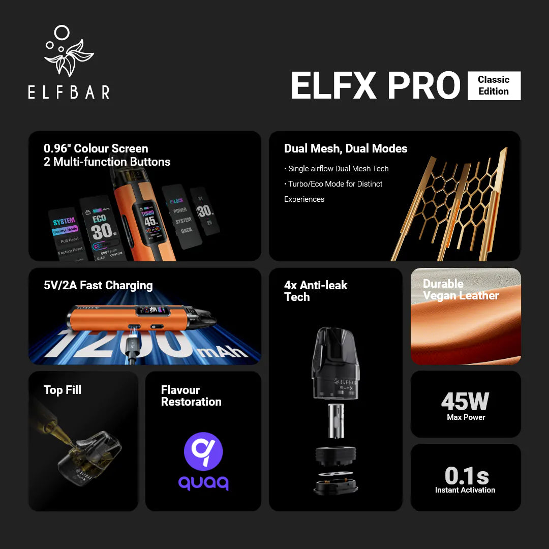 ELF BAR ELFX PRO vaping device with features listed on a black background