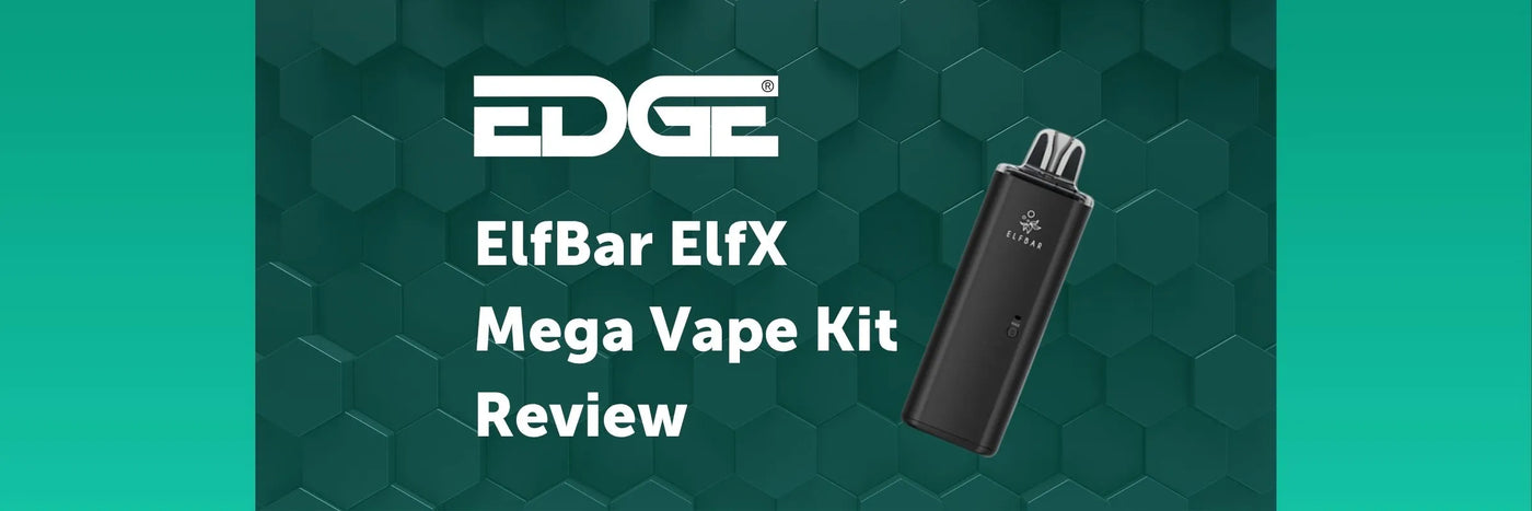 ElfBar ElfX Mega Vape Kit on a green geometric pattern background with 'EDGE' branding.