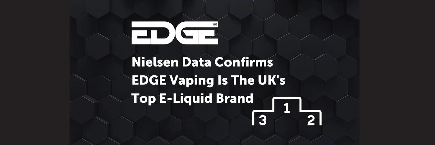 Promotional graphic for EDGE e-liquid with Nielsen data confirmation on a dark hexagonal pattern background.