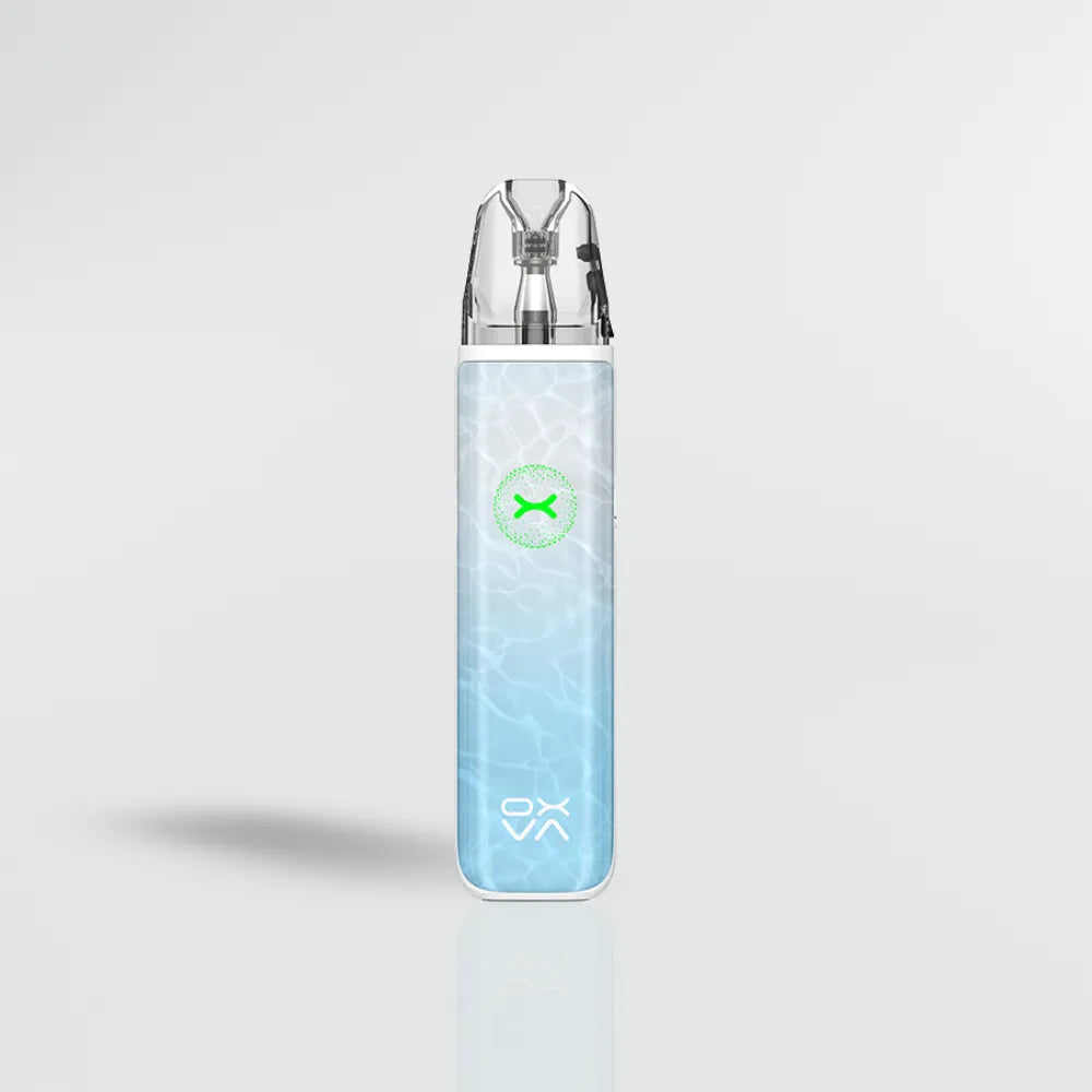 Blue OXVA XLIM GO 2 vape device with a green logo on a light gray background