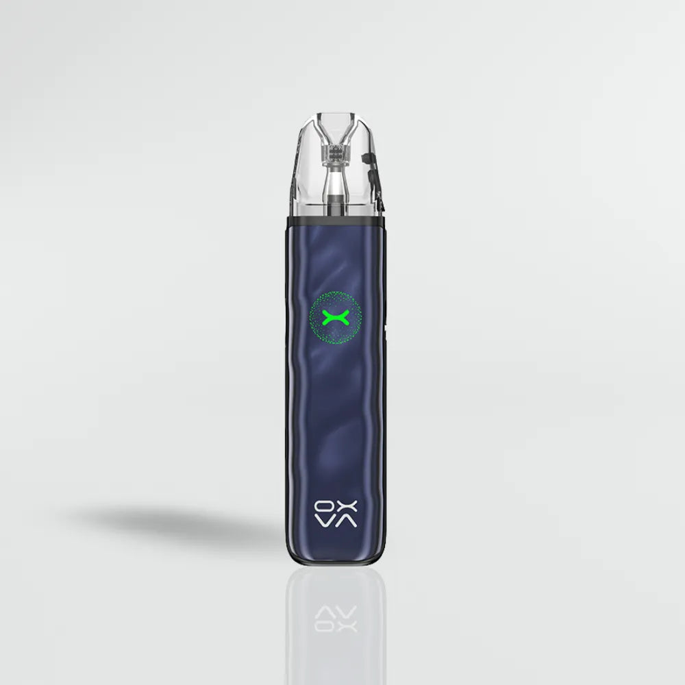 Blue OXVA XLIM GO 2 vape device with a green logo on a light gray background