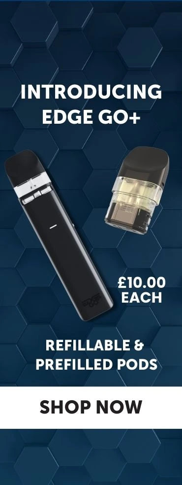 Promotional graphic for Edge Go+ vaping device with refillable and prefilled pods on a blue hexagonal pattern background. EDGE Vaping