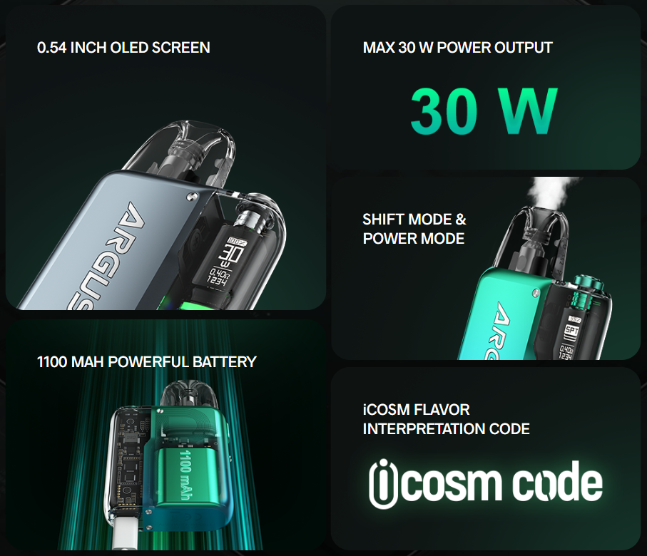 Vaping device with specifications on screen