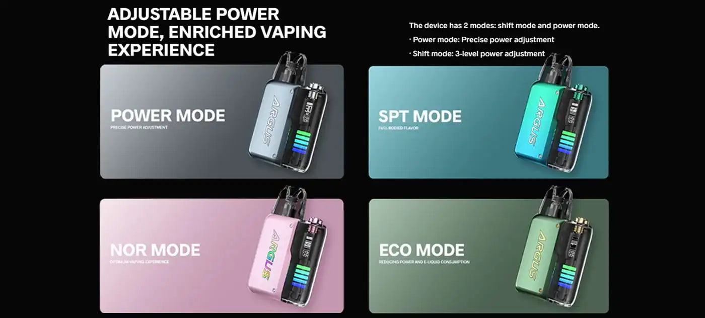 Vaping device with adjustable power modes on a black background