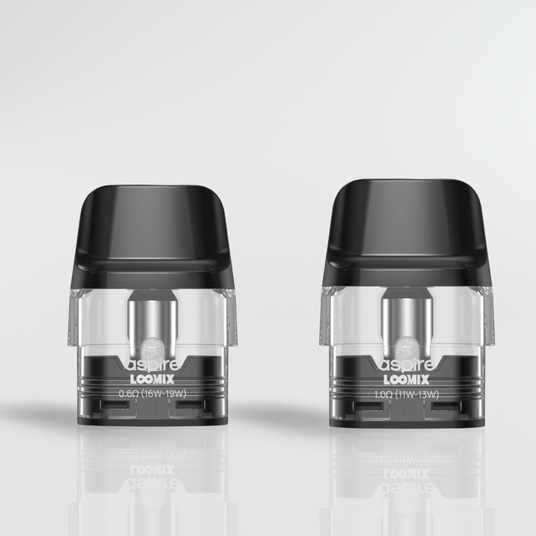 Two Aspire Loomix vape pods on a light gray background