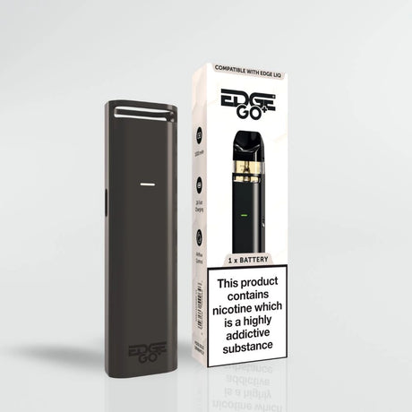 Black vaping device with packaging labeled 'EDGE GO+' on a light gray background