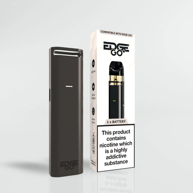 Black vaping device with packaging labeled 'EDGE GO+' on a light gray background
