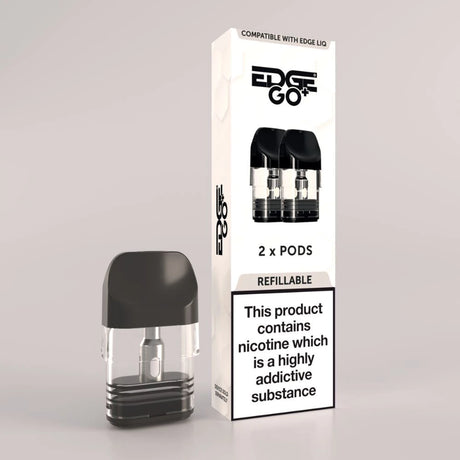 Edge Go+ refillable vape pod packaging with a black vape pod on a light gray background EDGE Vaping