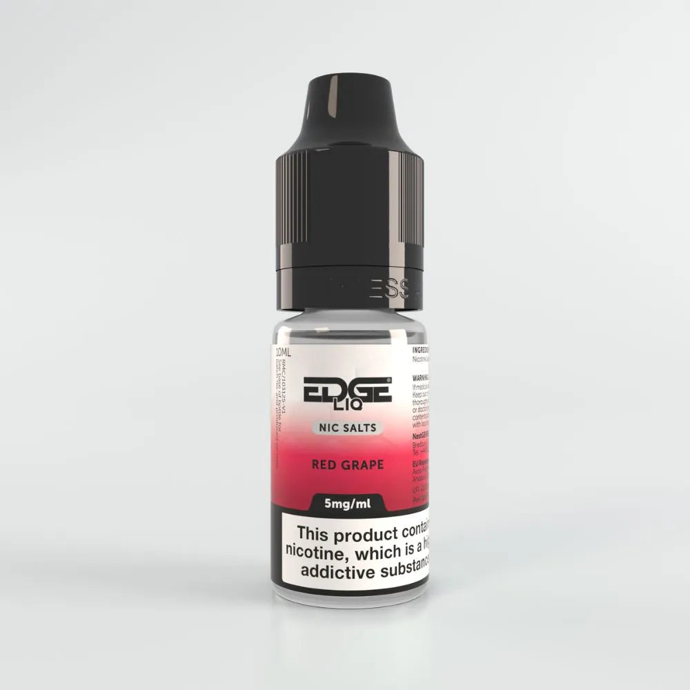 Bottle of Edge Liq Red Grape e-liquid on a light gray background 5mg