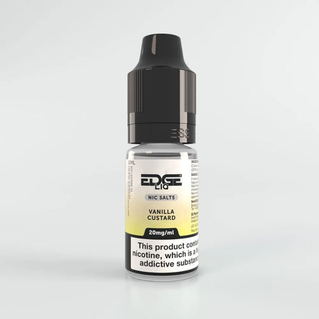 Bottle of Vanilla Custard Edge Nic Salts on a light gray background 20mg