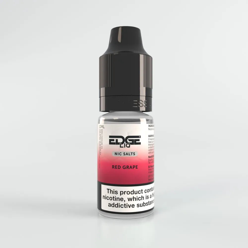 Bottle of Edge Liq Red Grape e-liquid on a light gray background