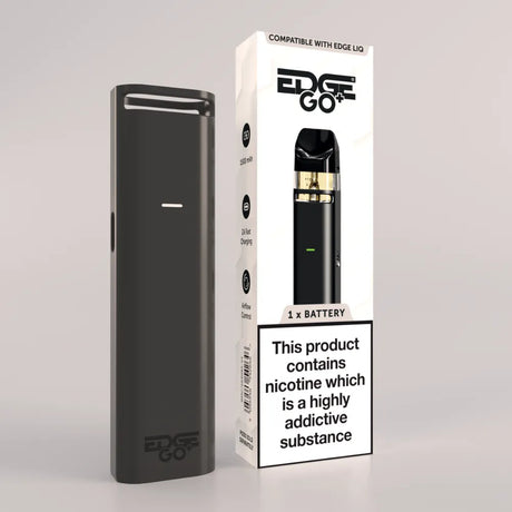 Black vaping device with packaging labeled 'EDGE GO+' on a light gray background