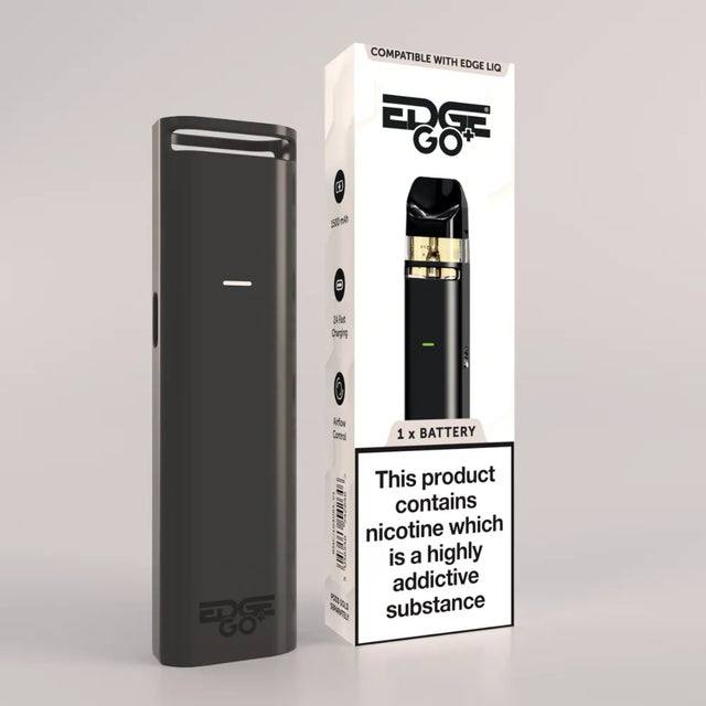 Black vaping device with packaging labeled 'EDGE GO+' on a light gray background