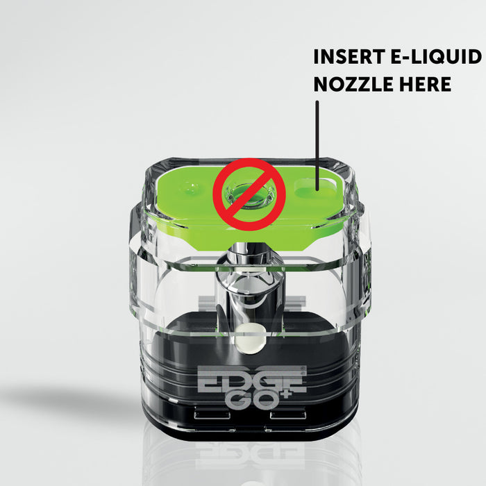 Clear Edge Go+ Refillable pod with 'EDGE GO+' branding and a green label indicating where to insert e-liquid nozzles.