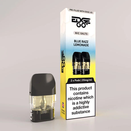 EDGE Go Plus pod with Pod outer packaging for the blue razz lemonade pods EDGE Vaping