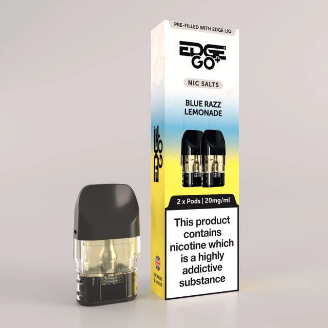 EDGE Go Plus pod with Pod outer packaging for the blue razz lemonade pods EDGE Vaping