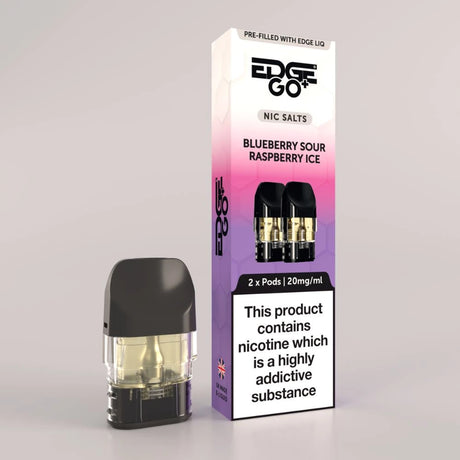 EDGE Go Plus pod with Pod outer packaging for the blueberry sour raspberry ice pods EDGE Vaping