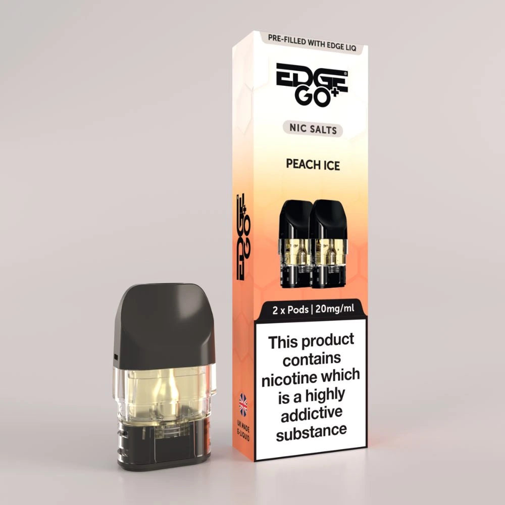 EDGE Go Plus pod with Pod outer packaging for the peach ice pods EDGE Vaping