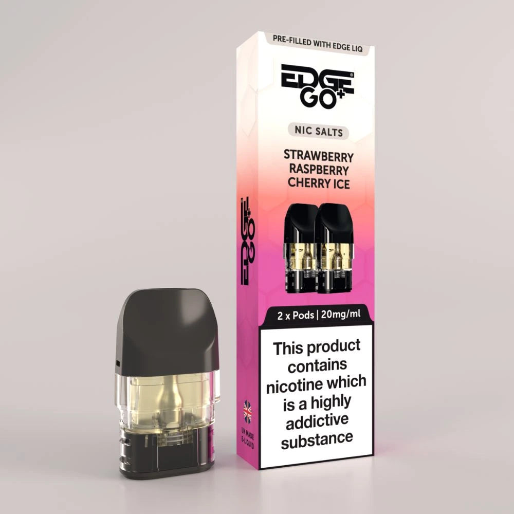 EDGE Go Plus pod with Pod outer packaging for the strawberry raspberry cherry ice pods EDGE Vaping
