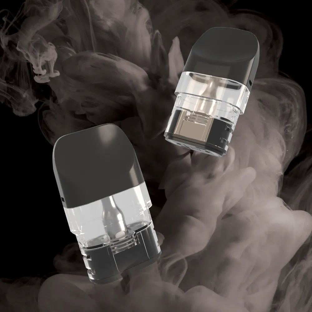 Two vaping Pods for edge go + device with a blurred background of Black vapour . EDGE Vaping 