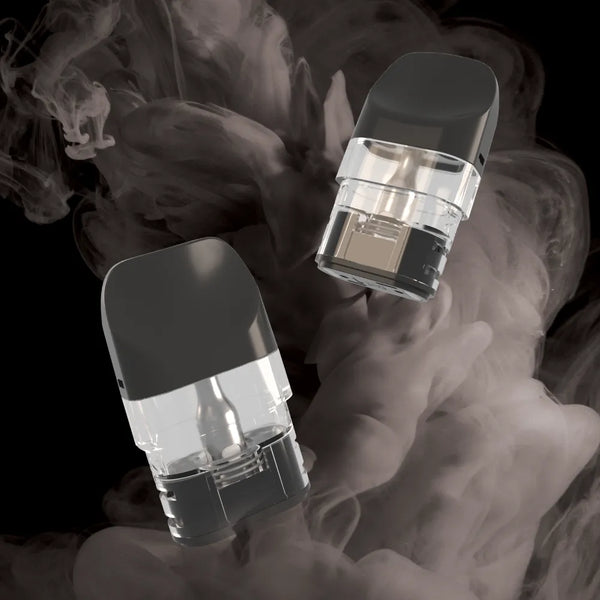 Two vaping Pods for edge go + device with a blurred background of Black vapour . EDGE Vaping 