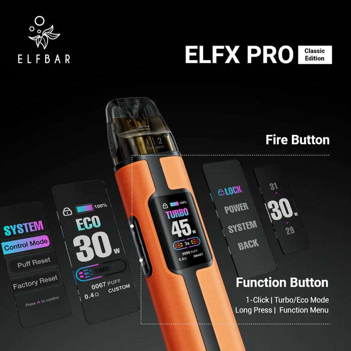 ELFX Pro vape device with digital display and buttons on a black background, featuring ELF BAR branding.