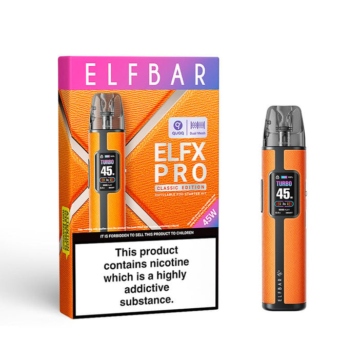ELF BAR ELFX PRO vaping device packaging with nicotine warning label on a white background