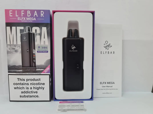 ElfBar Elfx Mega device inside of packaging with box contents on display