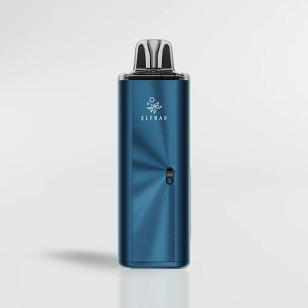 Blue vape device ELFBAR ELFX MEGA with ELF BAR branding on a light gray background