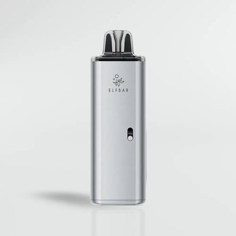 Silver ELF BAR elfx mega device on a light gray background