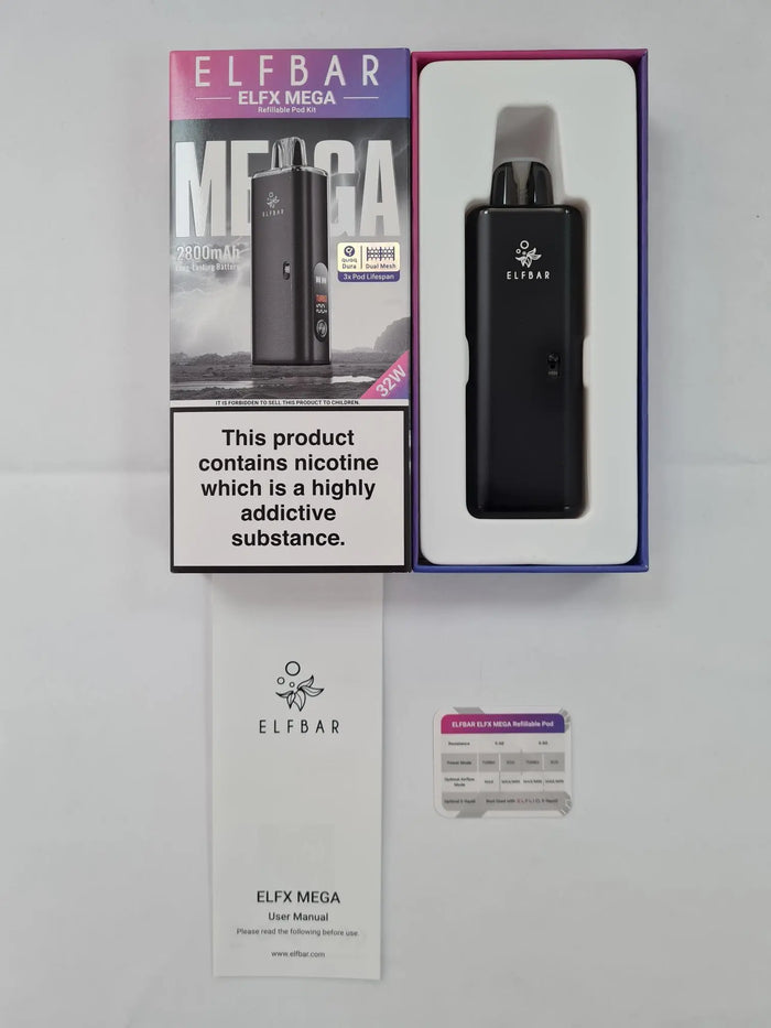 Elfbar Elfx Mega box with contents on table