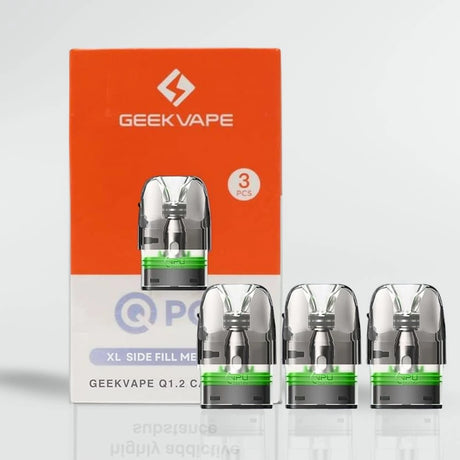 Geekvape vape device packaging with three clear vape cartridges on a light gray background