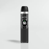 Black vape device geekvape wenax q2 with digital display on a light gray background