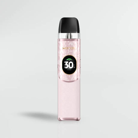 Pink vape device geekvape wenax q2 with digital display on a light gray background