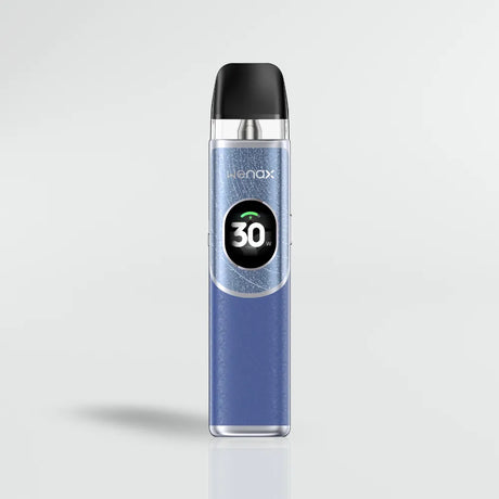 Blue Geekvape wenax Q2 vape device with 'wenax' branding on a light gray background