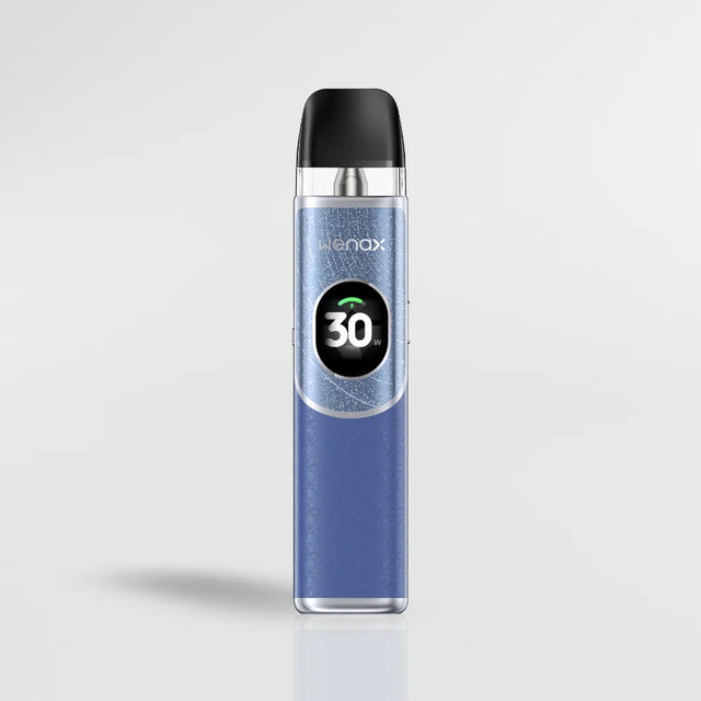 Blue Geekvape wenax Q2 vape device with 'wenax' branding on a light gray background