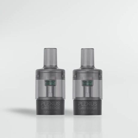 Two Plexus vape pod cartridges 1.2OHM on a light gray background