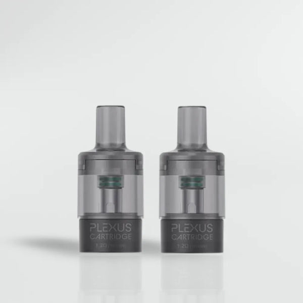 Two Plexus vape pod cartridges 1.2OHM on a light gray background