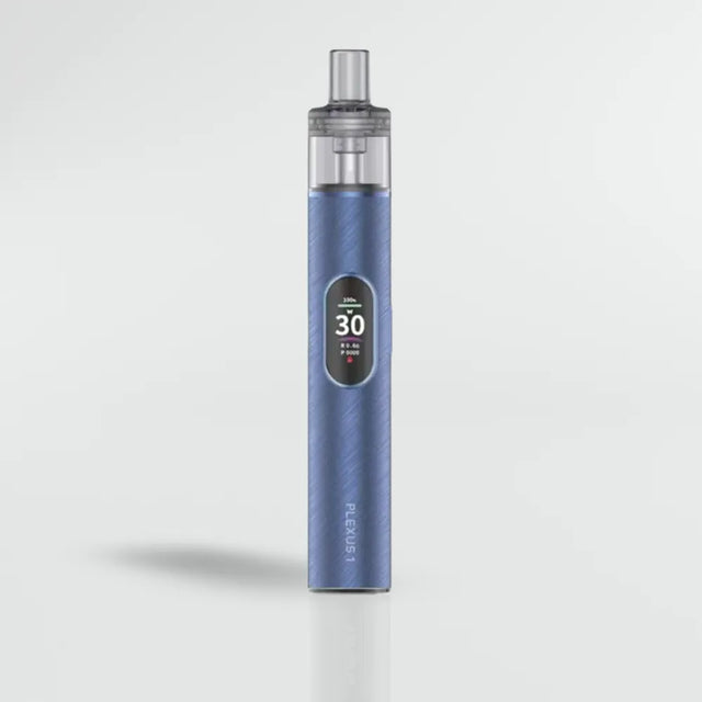 Blue Innokin Plexus Go Vape device with digital display on a light gray background