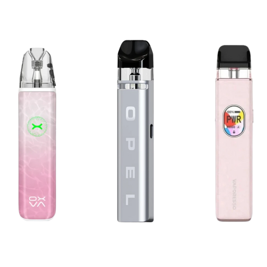 Three vaping devices with different designs and branding on a white background
