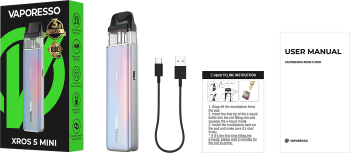 Showcase of Vaporesso Xros 5 Mini box and items included