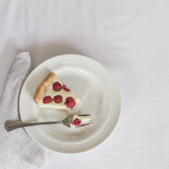 Dessert on a white plate and background.