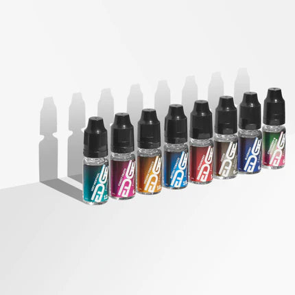 Row of colourful EDGE vape juice bottles on a white background