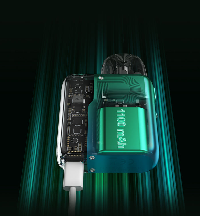 Green electronic device with visible circuitry on a dark background
